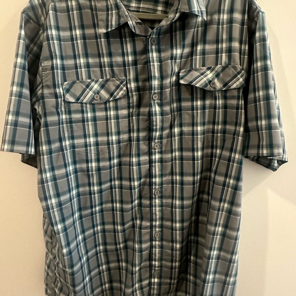 Men's Short-Sleeve Plaid Button-Up Shirt - Gray & Teal 2XL